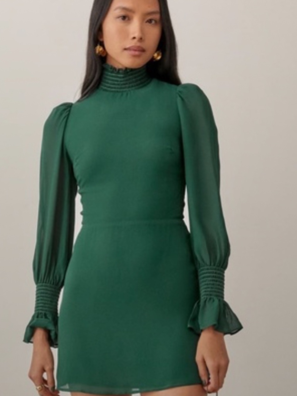 Reformation Archie Mini Dress Forest Green Long Bell Sleeve Mock Neck - Size 0